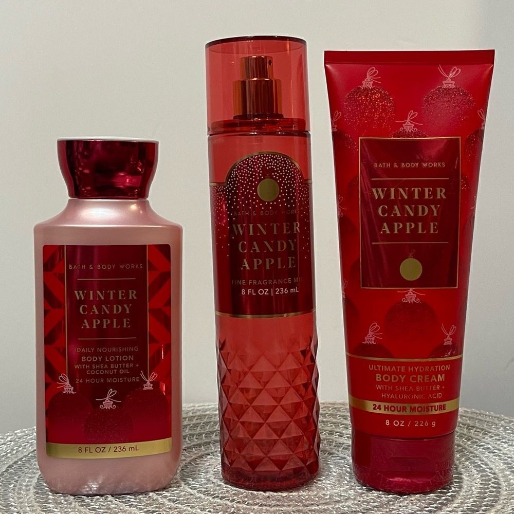 BBW Winter Candy Apple body Lotion, body cream and fragrance mist set of 3 NWT